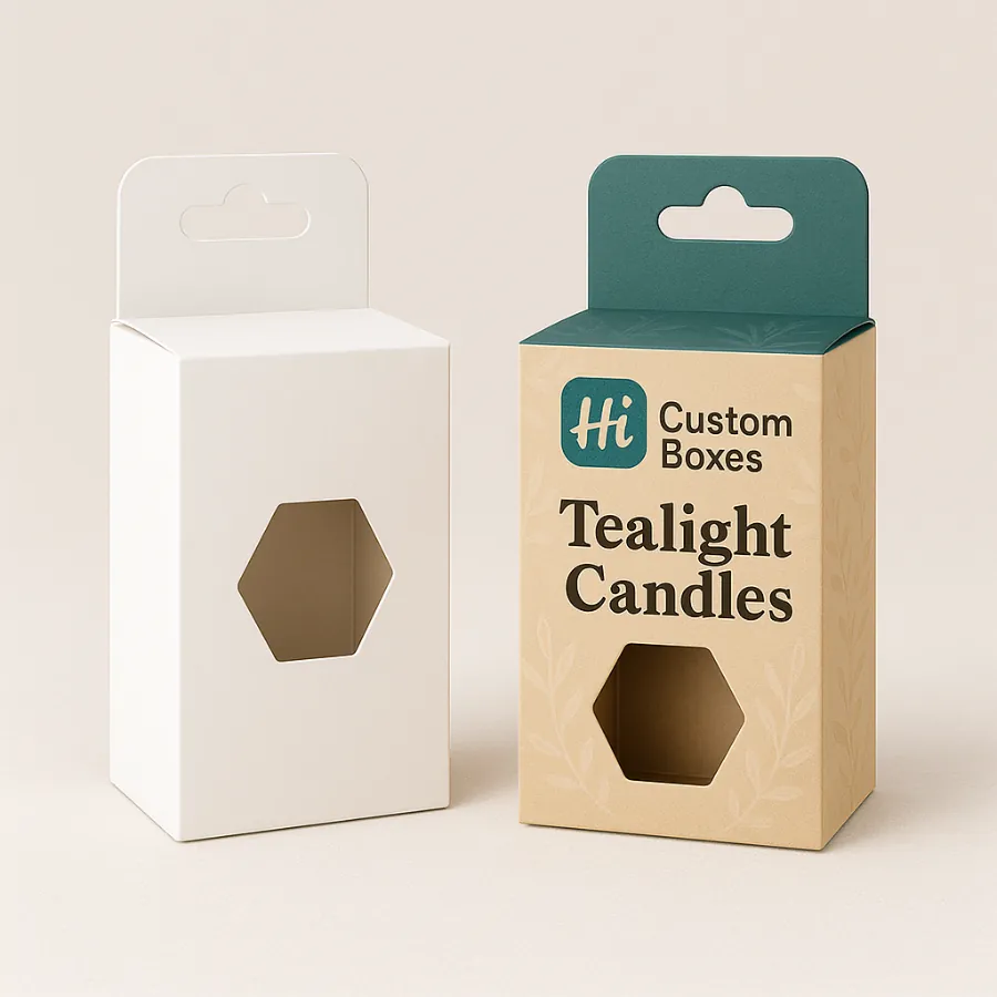 Two hang-tab boxes- one white and one printed- with a hexagonal cutout window- class=
